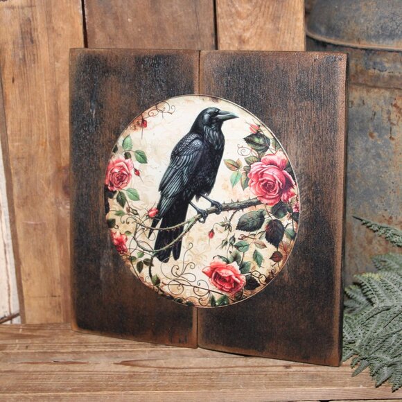 NEW Rustic Moody Black Raven Crow Black Bird & Roses Wall Decor Plaque Sign - Picture 3 of 3